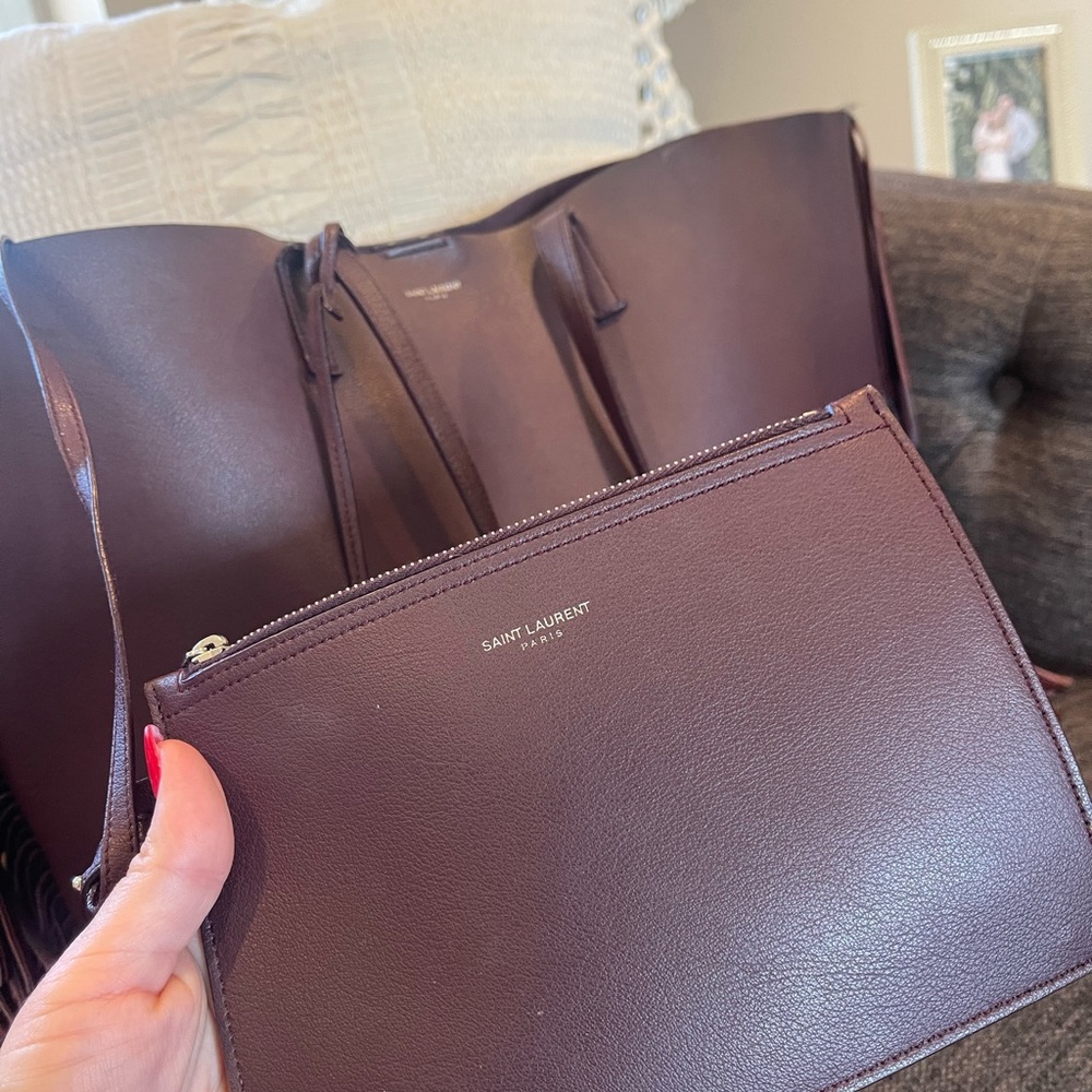 YSL Saint Laurent Large Calfskin Fringe Shopping Tote Bag Maroon - Picture 14 of 15